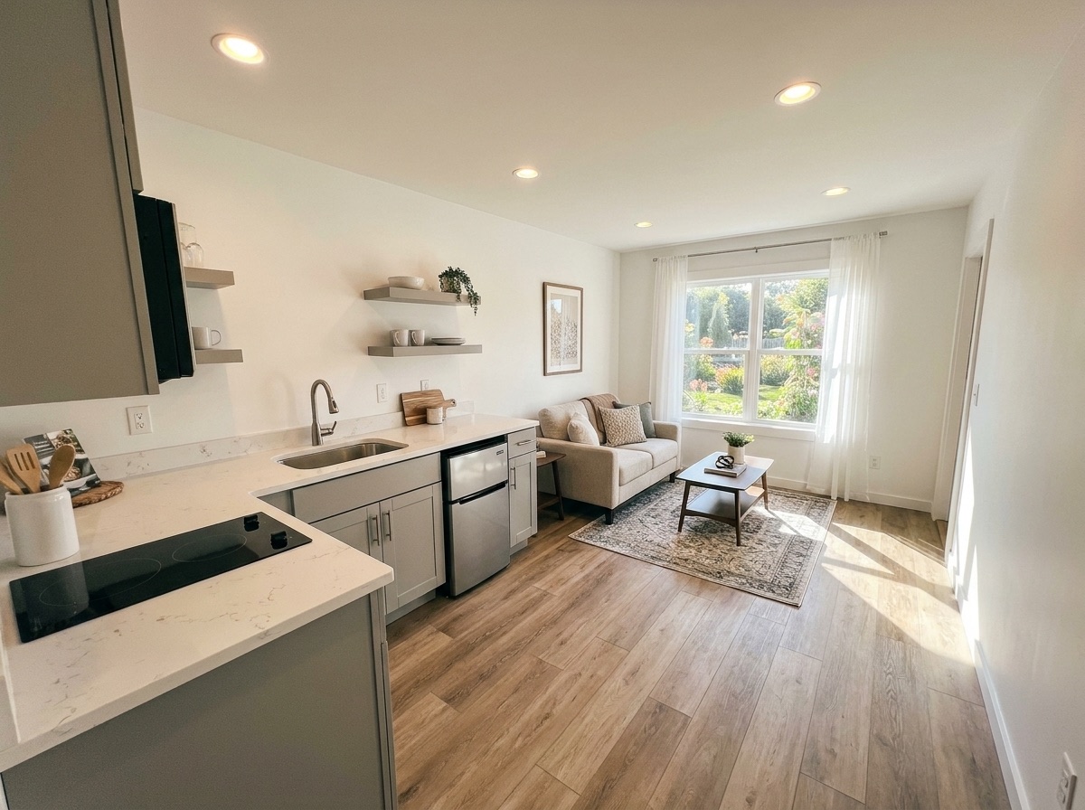 Bright finished ADU studio interior with a kitchenette