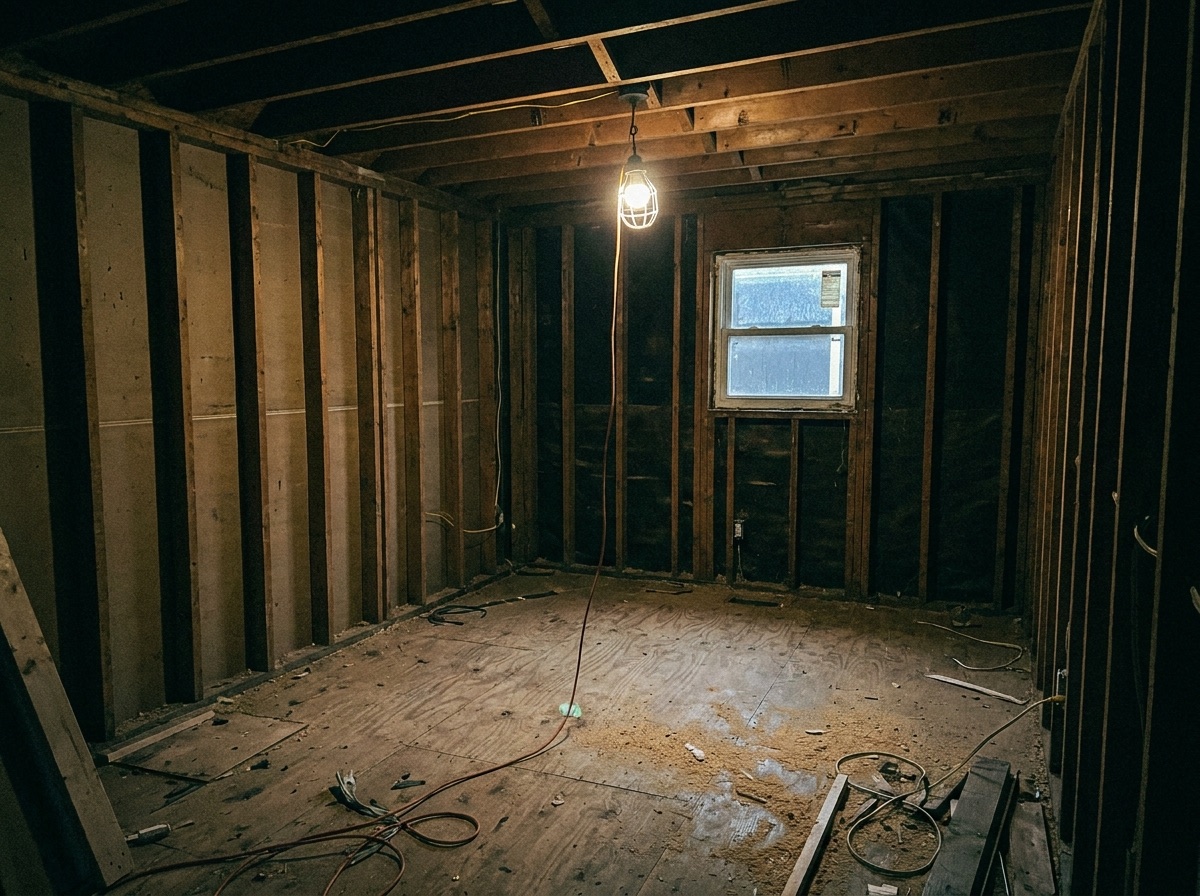 Unfinished framed interior room before ADU finishing